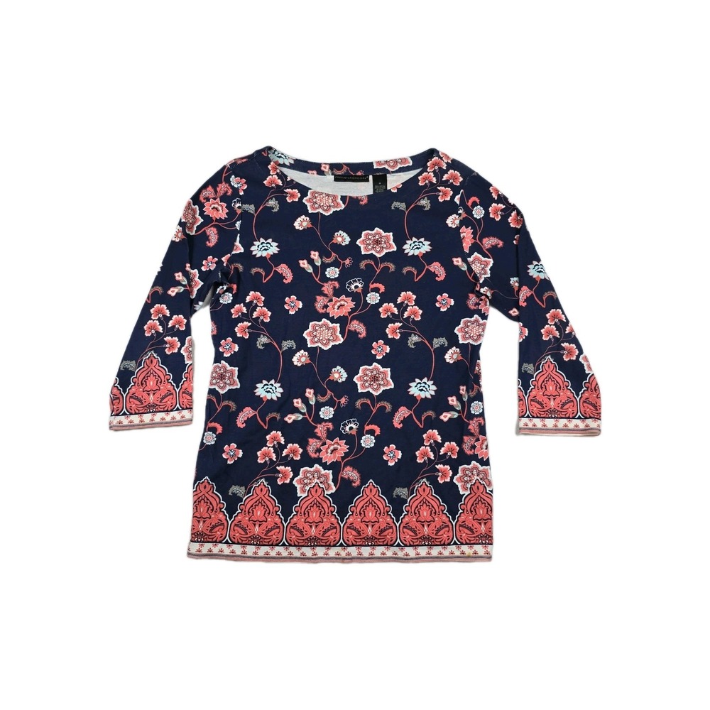Preswick & Moore Womens Medium Navy Blue Floral 3/4 Sleeve Cotton Boat Neck Top